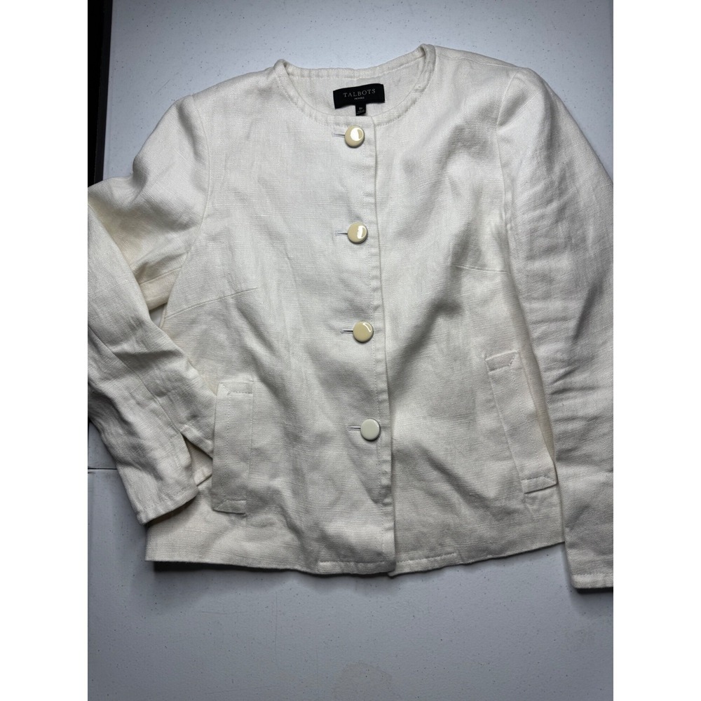 Talbots‎ Petites Ivory Linen Blend Collarless Button Front Jacket White Size 8P